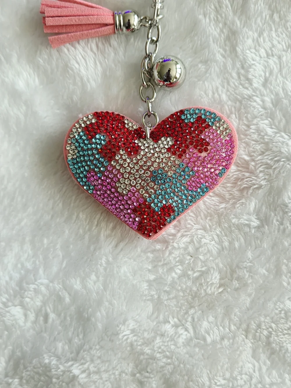 Sparkling Heart Tassel Keychain - Pink Multicolor Puzzle Pieces Bag Charm